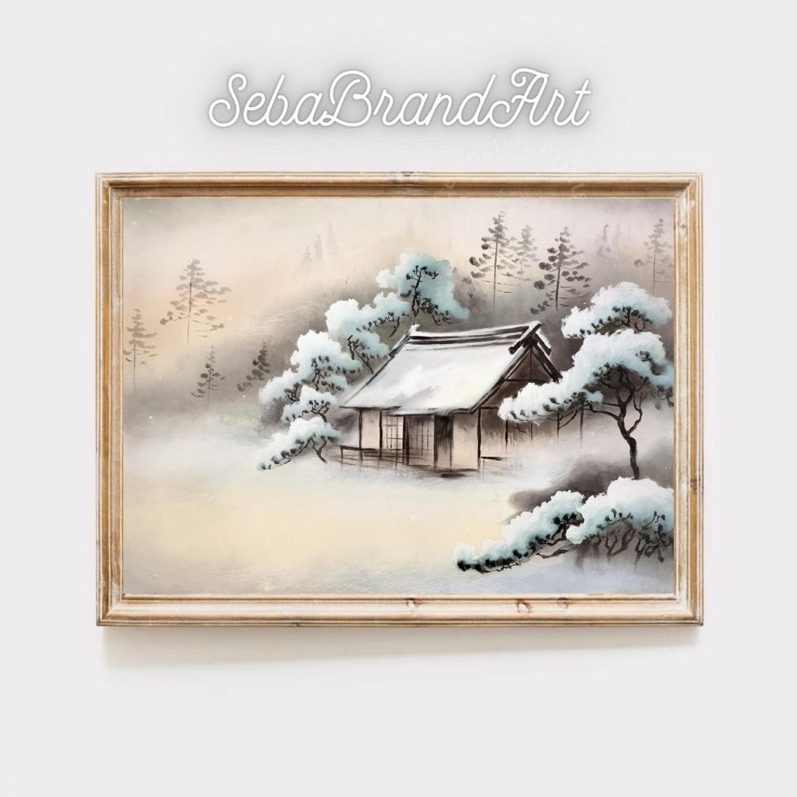 Japanese Nihonga Snow Covered Cottage In A Misty Winter Forest Poster