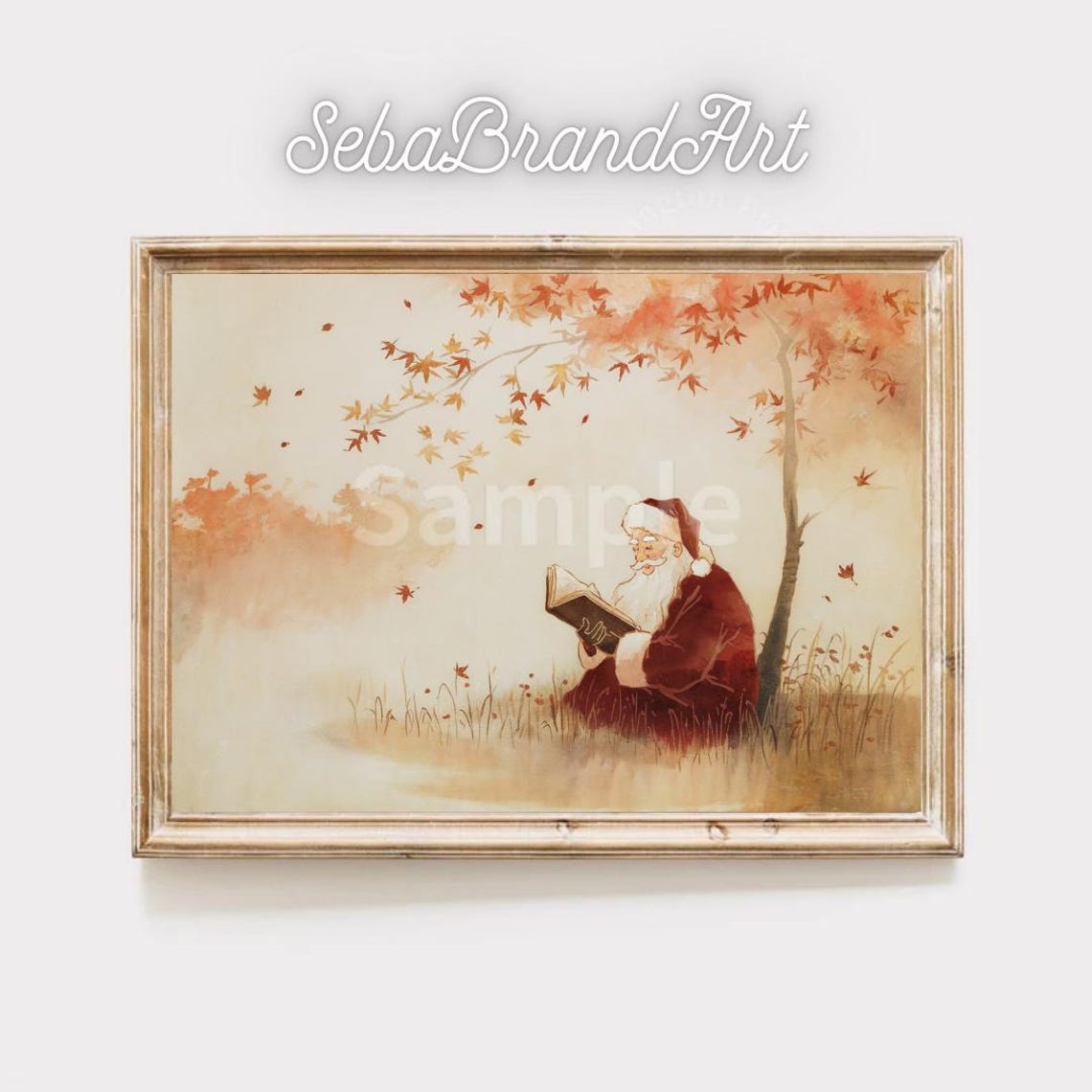 Santa Claus Reading Book Under Autumn Maple Tree Japanese Art Poster