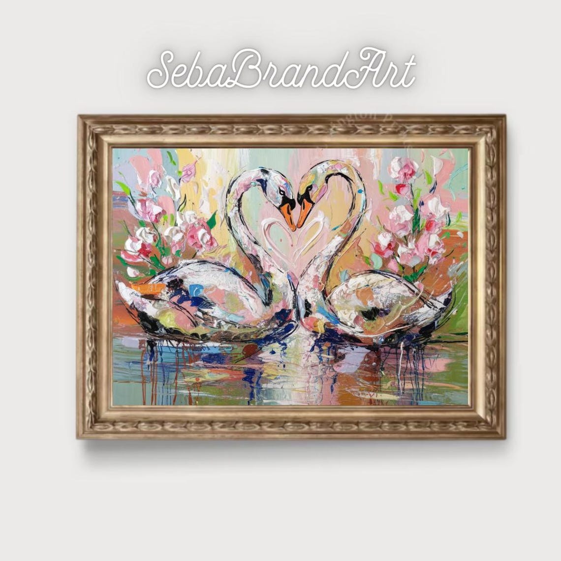 Two Swans Forming Heart Abstract Expressionist Floral Love Art Poster - Image 2