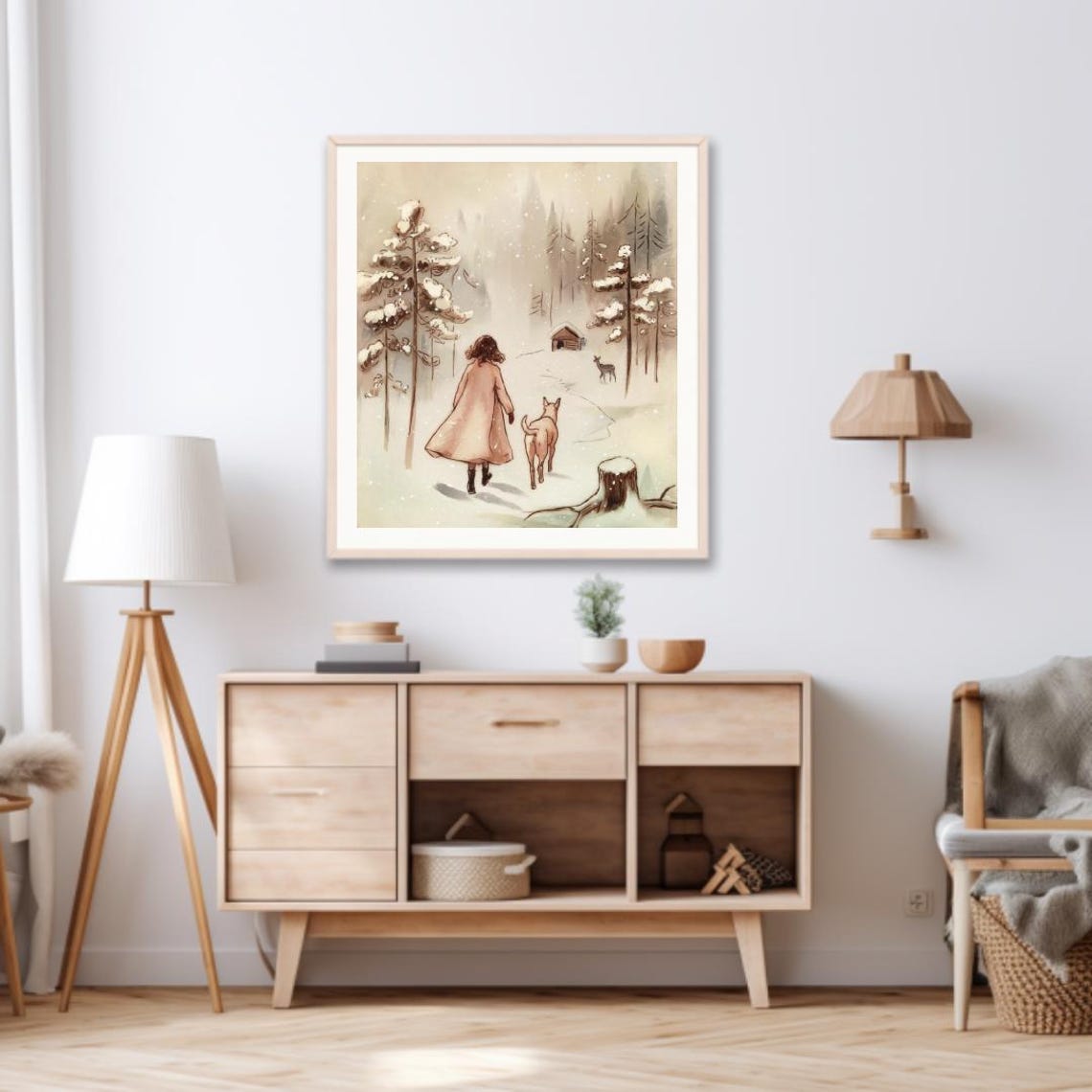 Wabi Sabi Art In Takehisa Yumeji Style Granola Girl Aesthetic Winter Walk Girl And Dog In Snowy Forest Traditional Japanese Ink Art - Image 3