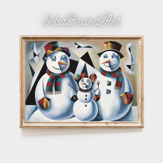 Cubist Snowman Family Portrait In Bold Geometric Winter Style Poster