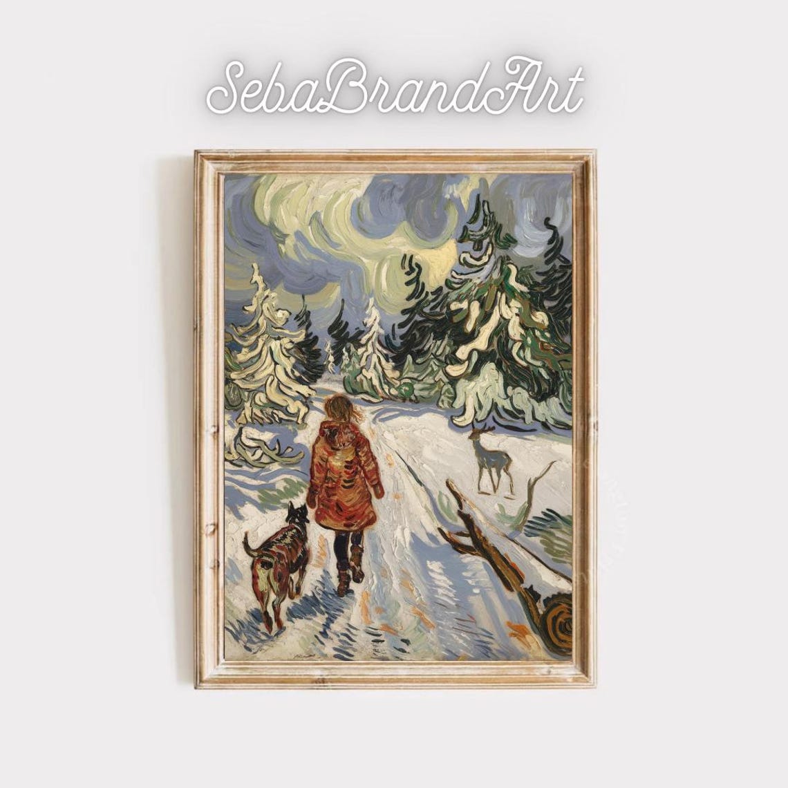 Van Gogh Inspired Child And Dog On A Snowy Forest Trail Winter Poster