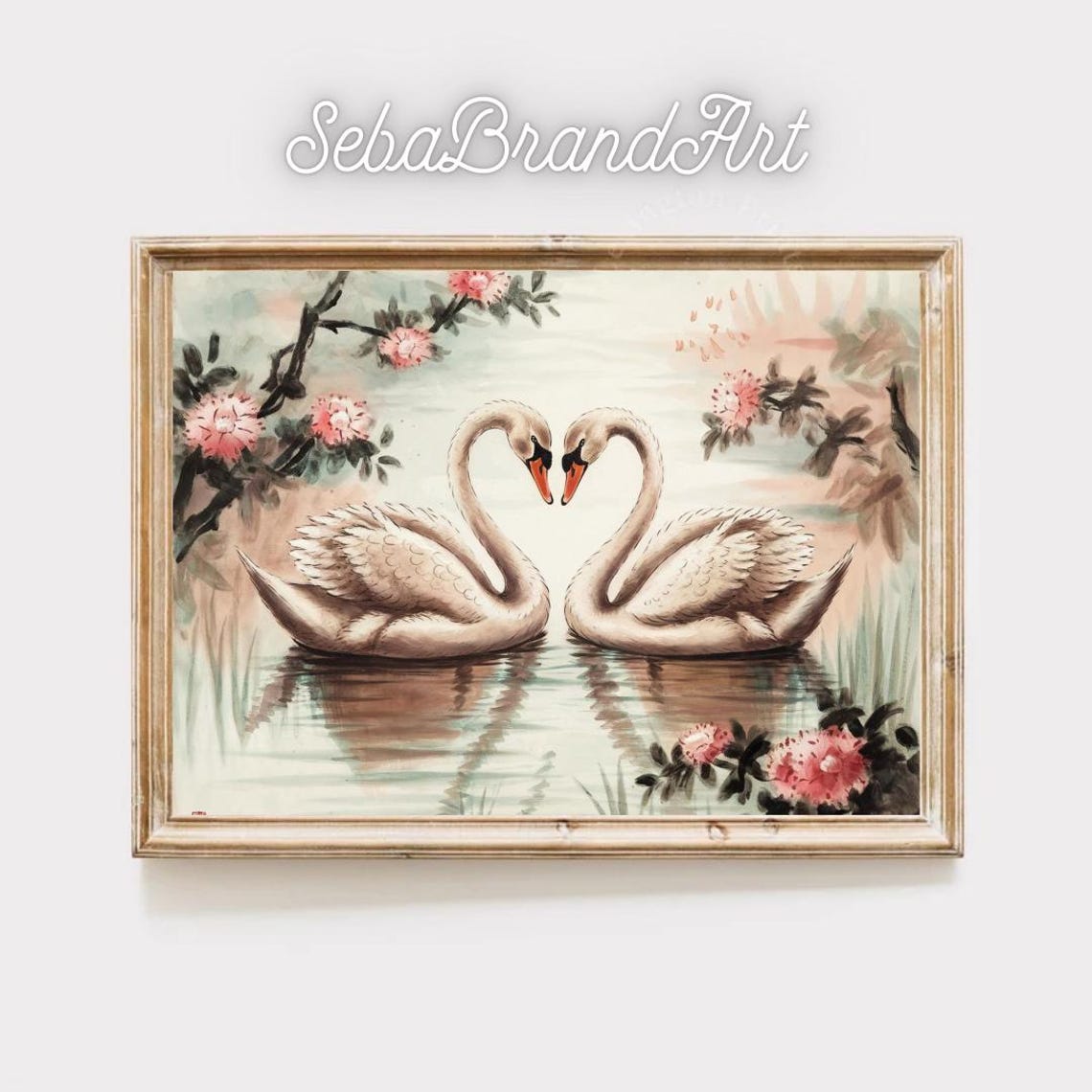 Two Swans Forming A Heart Among Pink Blossoms Chinese Style Poster