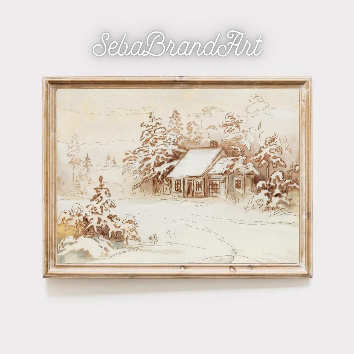 Snowy Cottage Among Pines Delicate Ink Wash Winter Landscape Art Print