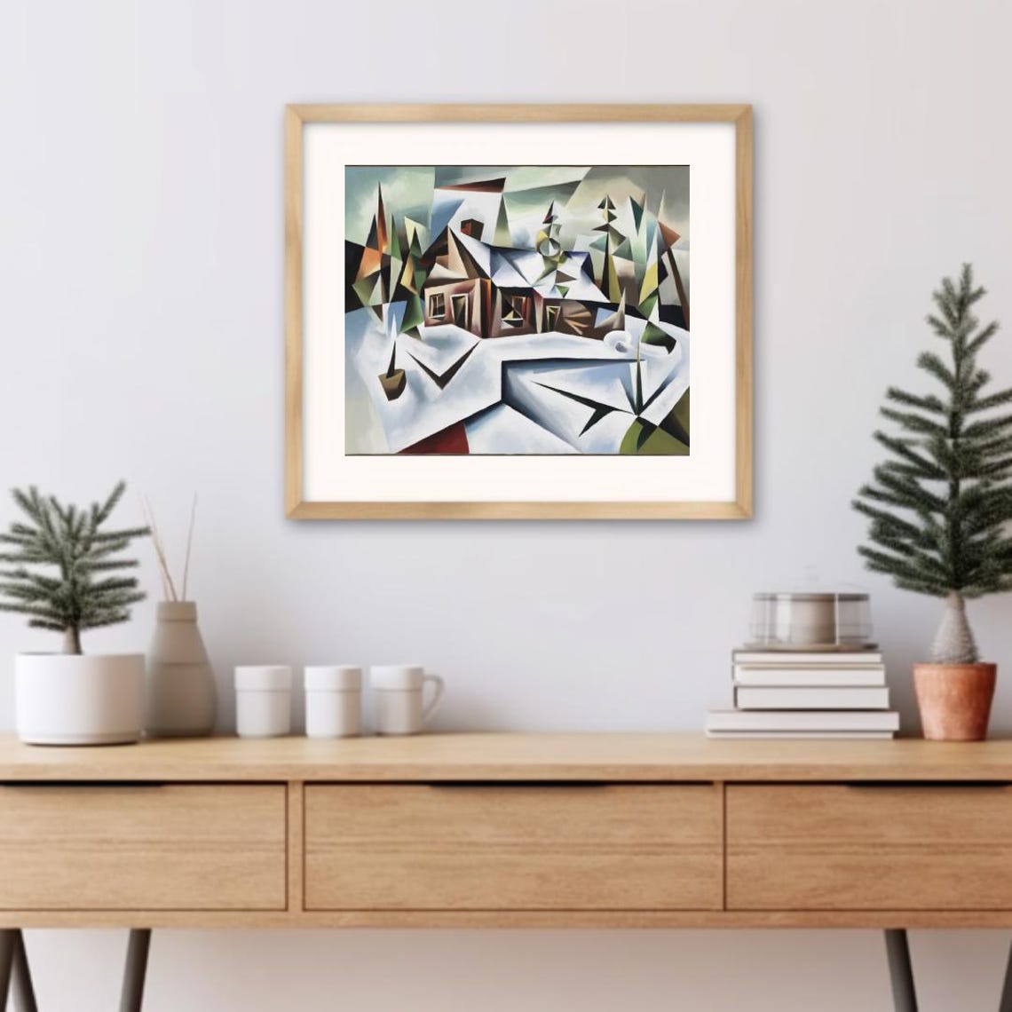 Cubist Snowy Cabin In A Geometric Winter Landscape Abstract Poster - Image 3