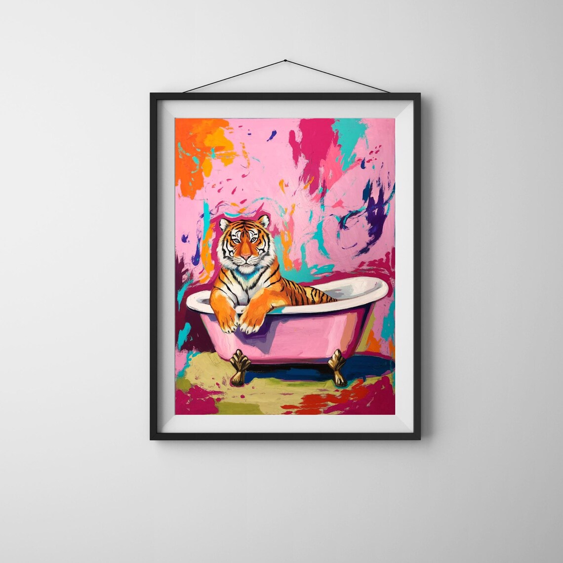 Colorful Animal Wall Art Tiger In Bathtub Print Whimsical Bright Jungle Bathroom Decor Fun Poster
