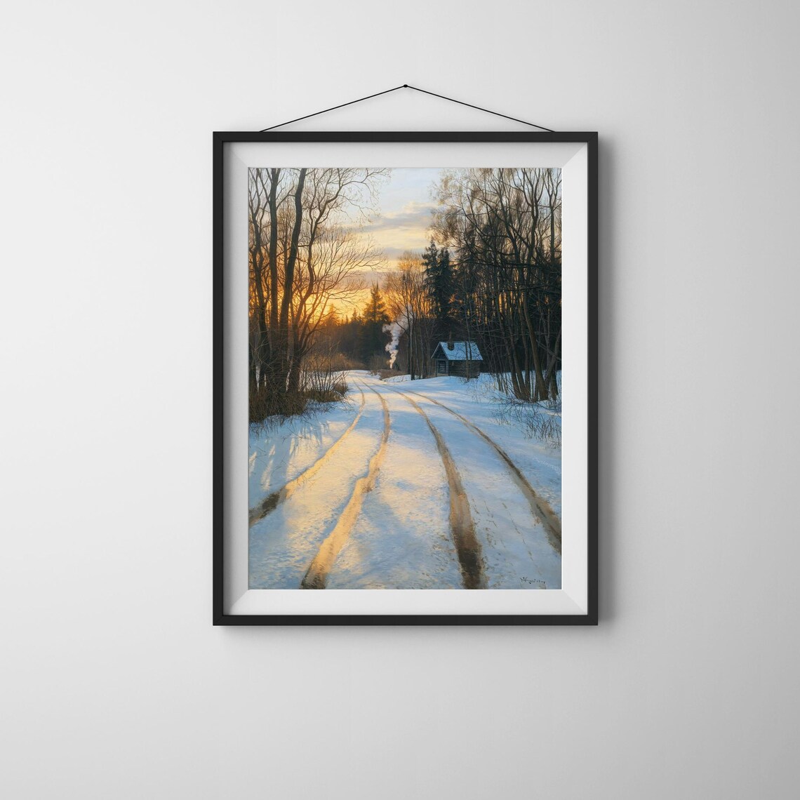 Winter Cabin Art Print, Snowy Forest Rustic Landscape