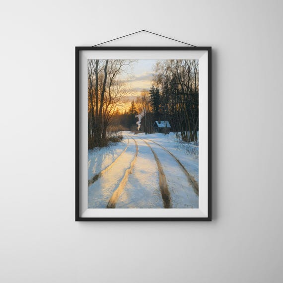 Winter Cabin Art Print, Snowy Forest Rustic Landscape