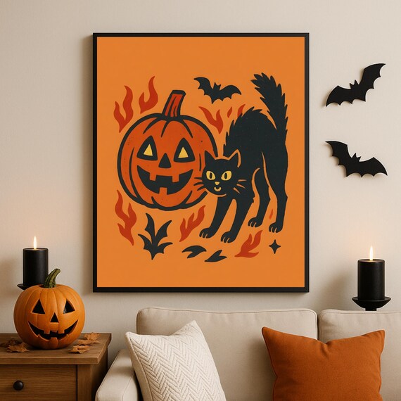 Halloween Black Cat Wall Art Pumpkin Print Spooky Bat Artwork Vintage Orange Fall Decor Scary And Jack O Lantern