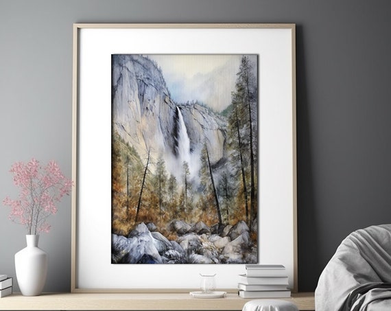 Yosemite Falls Watercolor Print Yosimite National Park Wall Art Yosemite Illustration Watercolor Waterfall Mothers Day Gift
