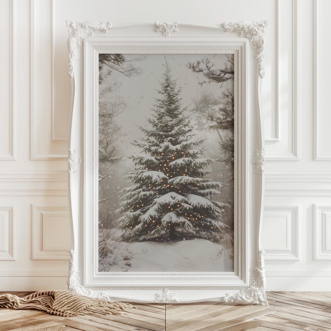 Snowy Pine Tree with Warm String Lights Winter Scene Art Print
