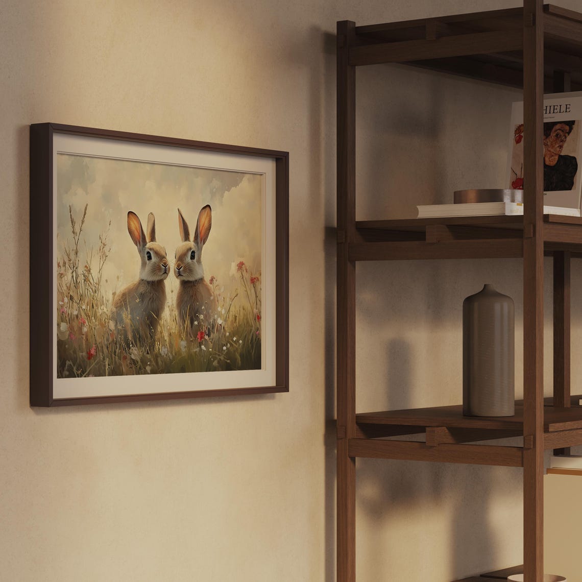 Two Rabbits Facing Each Other in a Wildflower Meadow Art Print - Image 2