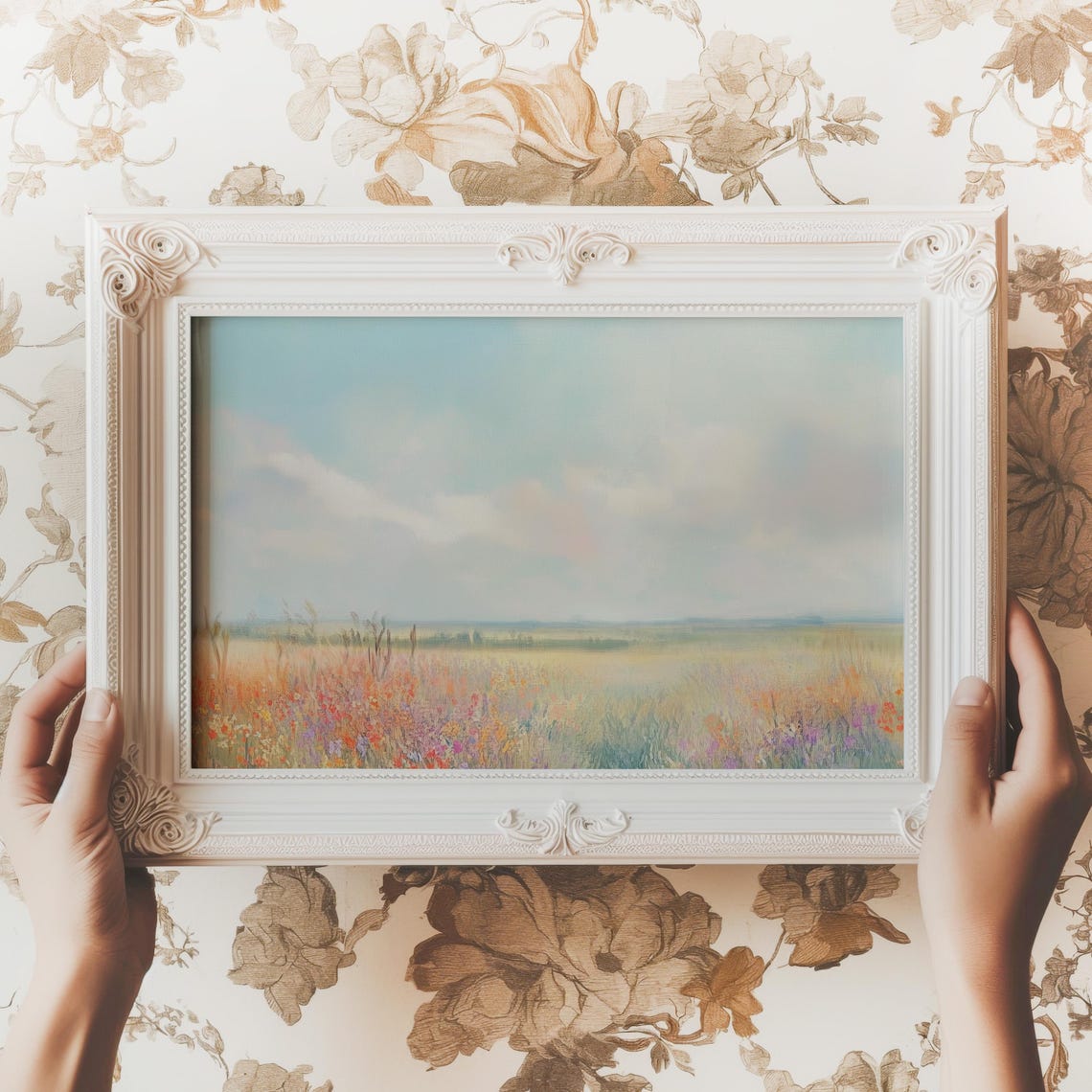 Colorful Wildflower Meadow at Sunset Impressionist Painting Print