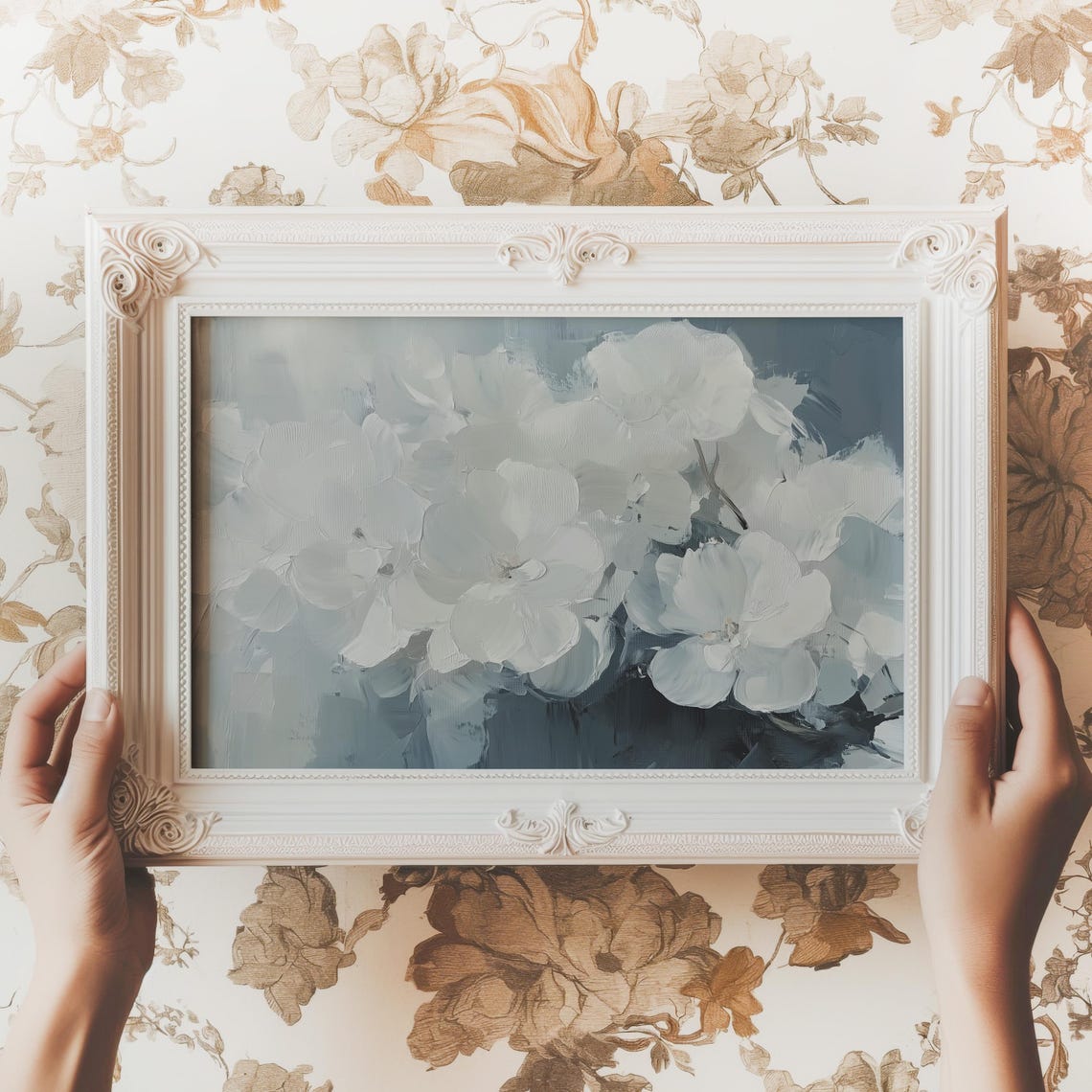 White Hydrangea Soft Blue Abstract Floral Painting Coastal Wall Art