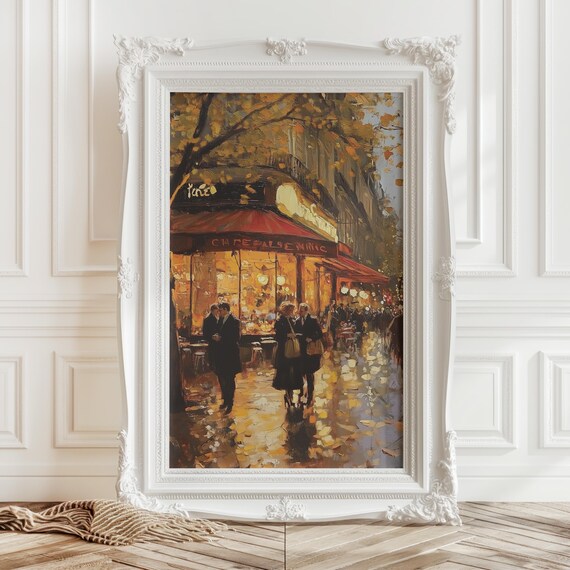 Rainy Paris Street Cafe at Night Impressionist Golden Lights Poster
