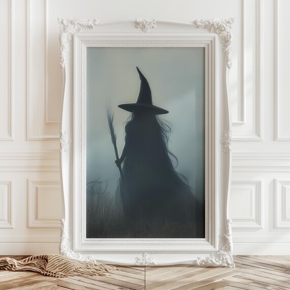 Dark Witch Silhouette With Pointed Hat and Broom in Fog Poster
