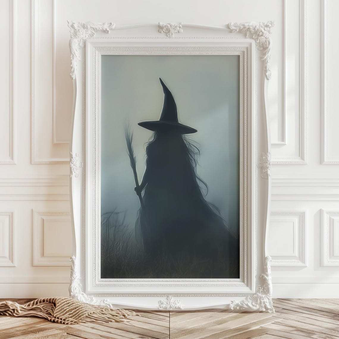 Dark Witch Silhouette With Pointed Hat and Broom in Fog Poster