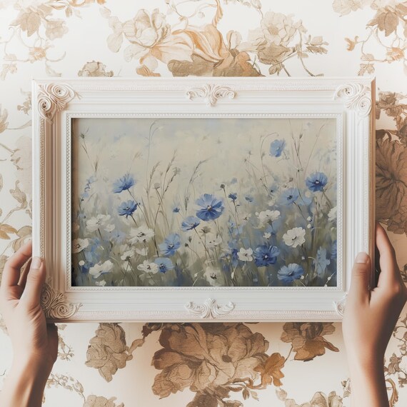 Blue Cornflower Wildflower Meadow Soft Watercolor Floral Wall Art