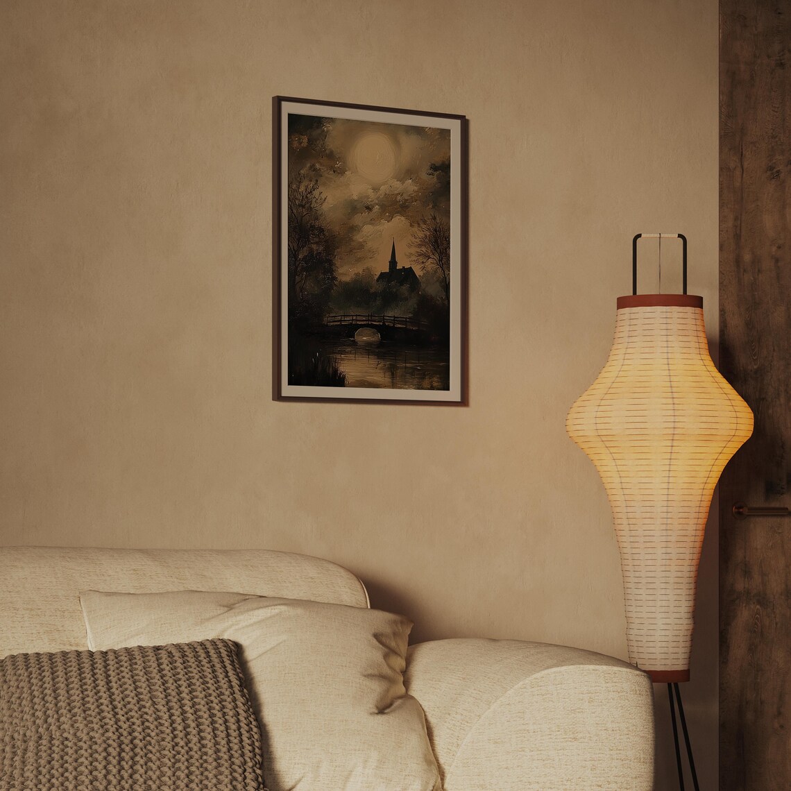 Moonlit River Landscape with Church Steeple and Bridge Oil Painting Print - Image 2
