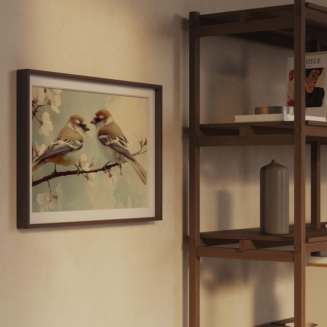 Two Birds Facing Each Other on a Blossoming Branch Art Print - Image 2