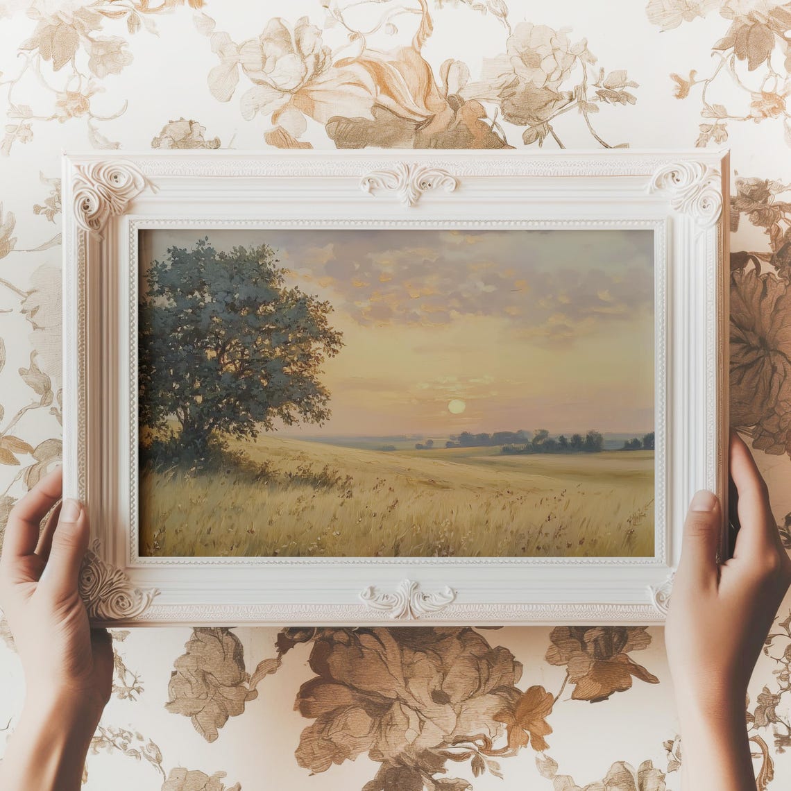 Golden Wheat Field Sunset With Lone Tree Vintage Landscape Poster