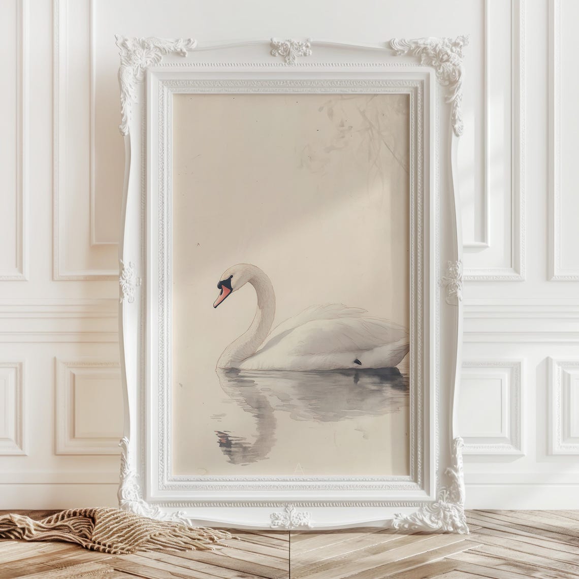 White Swan Calm Water Minimalist Soft Watercolor Bird Wall Art
