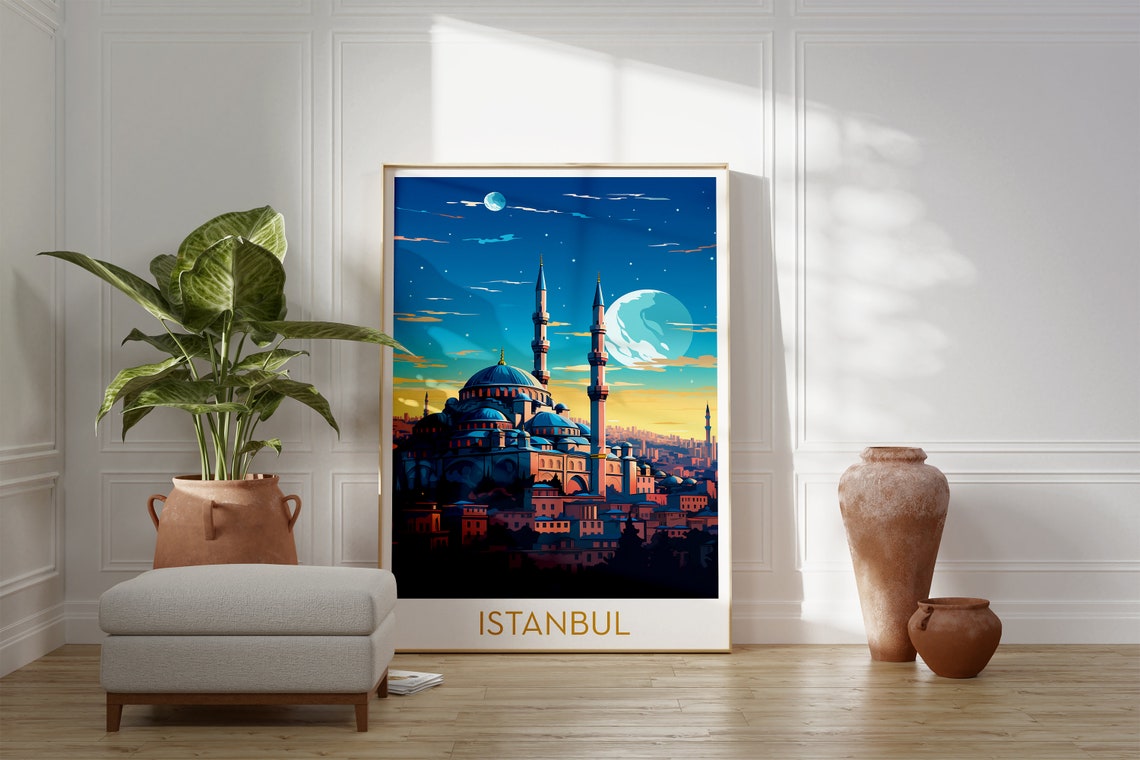Istanbul Blue Mosque Moonlit Night Skyline Retro Travel Poster - Image 2