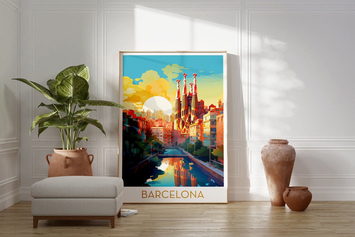 Barcelona Sagrada Familia Sunset Canal Reflection City Poster - Image 2
