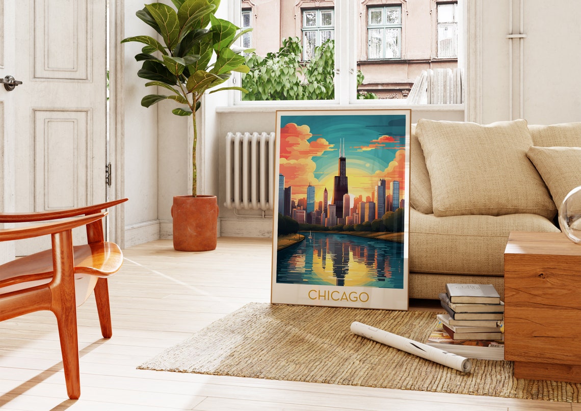 Chicago Skyline Sunset River Reflection Vintage Travel City Art Poster - Image 4
