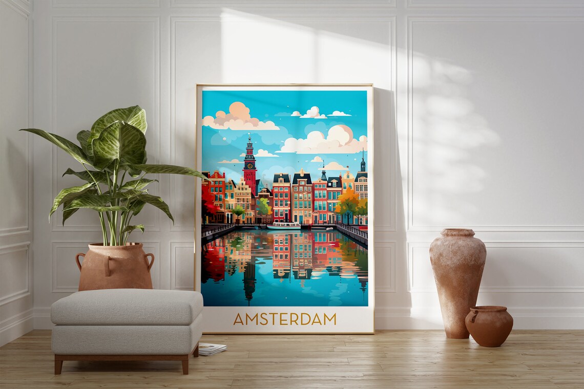 Amsterdam Canal Gabled Houses Clock Tower Daytime Travel Poster - Image 2