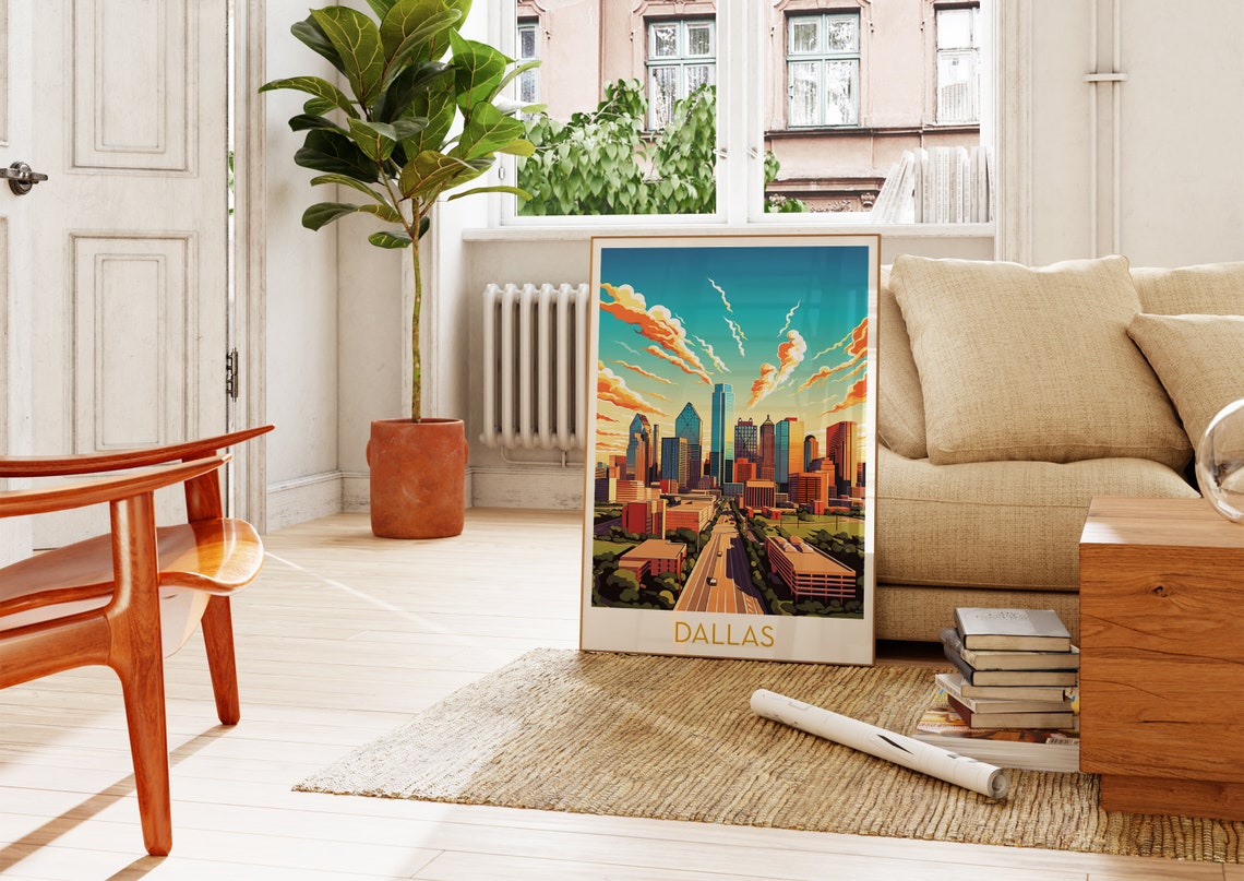 Dallas Texas Sunset Skyline Retro Clouds Illustration Travel Poster - Image 4