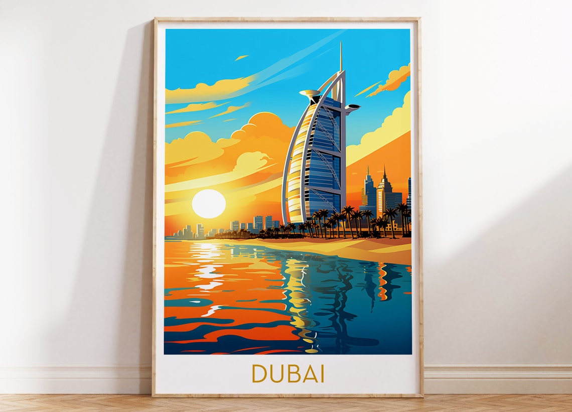 Dubai Burj Al Arab Sunset Beach Skyline Vibrant Pop Art Poster