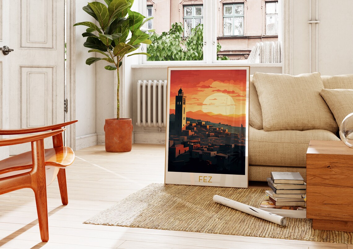 Fez Morocco Medina Sunset Minaret Historic Old City Travel Poster - Image 4