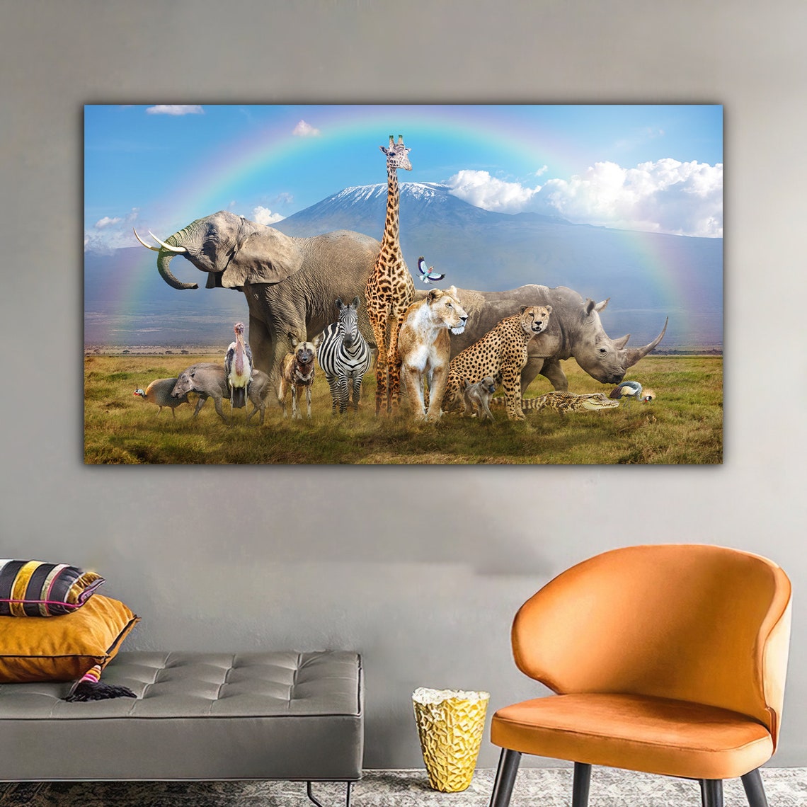 African Safari Animals Group Under Rainbow Mountain Wildlife Poster