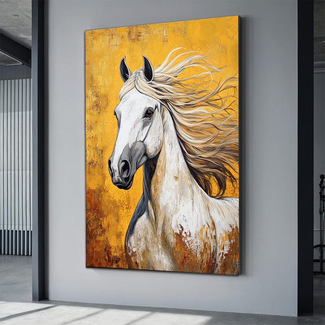 White Horse Flowing Mane Golden Background Equine Portrait Wall Poster