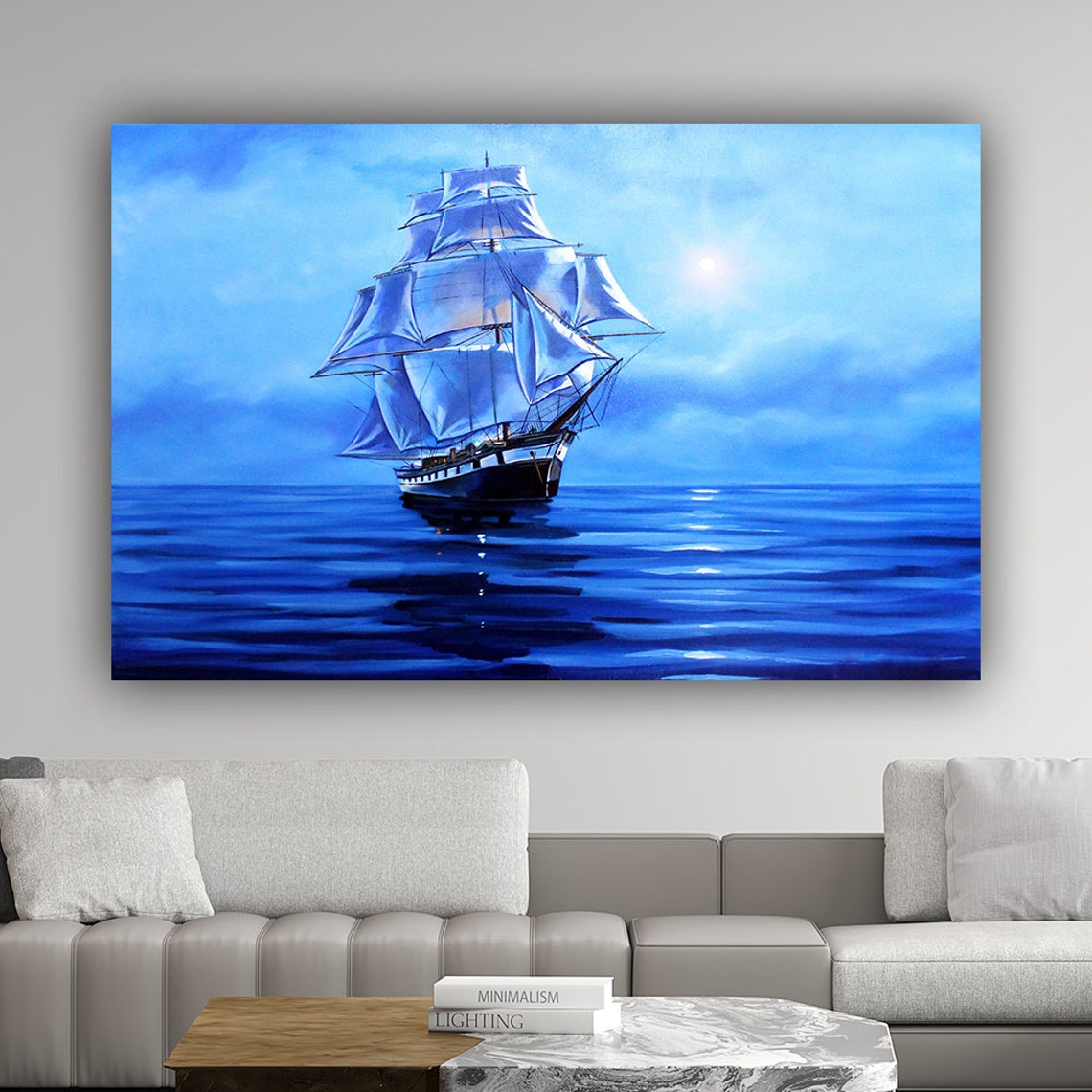 Tall Sailing Ship Full White Sails Blue Ocean Seascape Art Poster