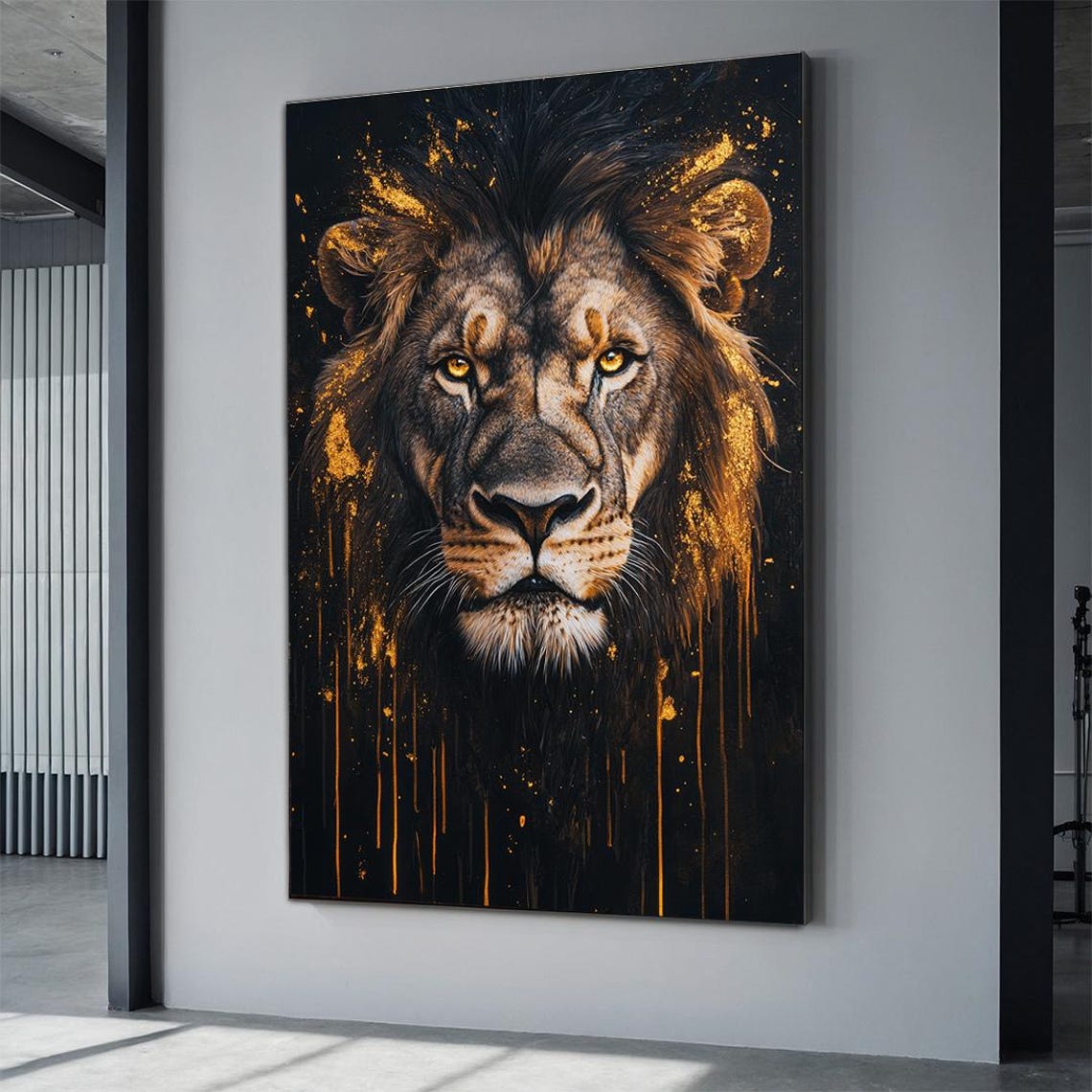 Lion Face Gold Paint Splatter Black Portrait Dramatic Wildlife Poster