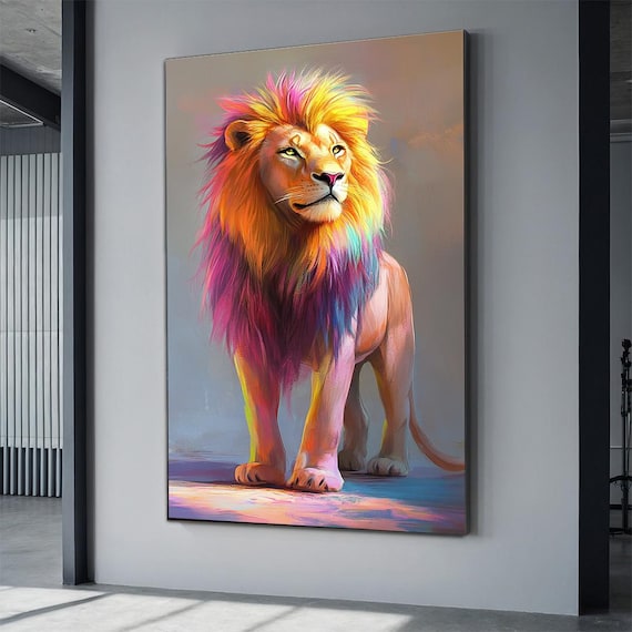 Majestic Rainbow Mane Lion Colorful Standing Big Cat Pop Art Poster