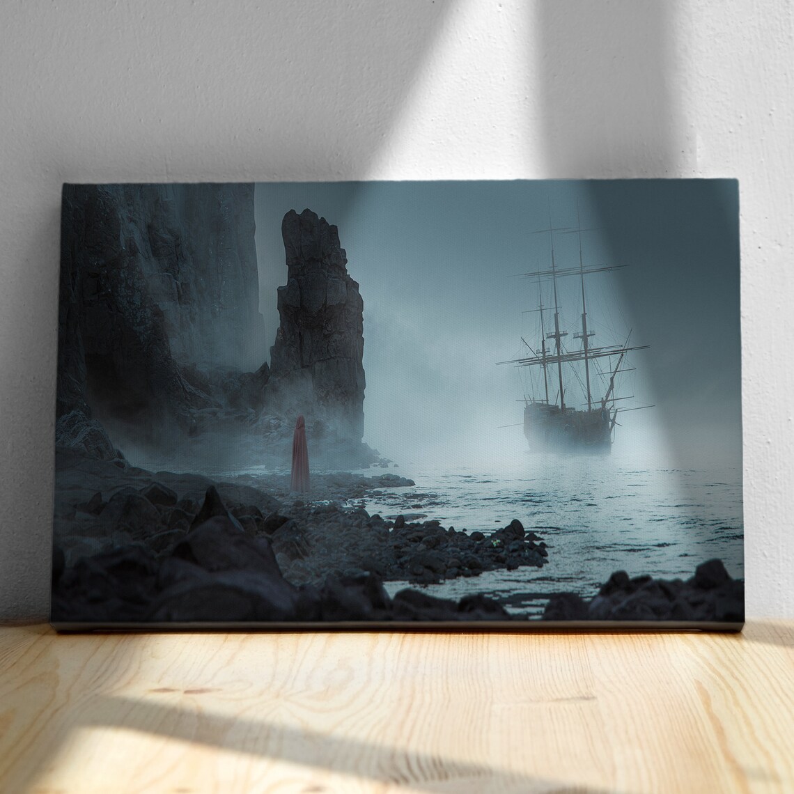 Ghost Ship Foggy Dark Coast Red Hooded Figure Mystery Art Poster