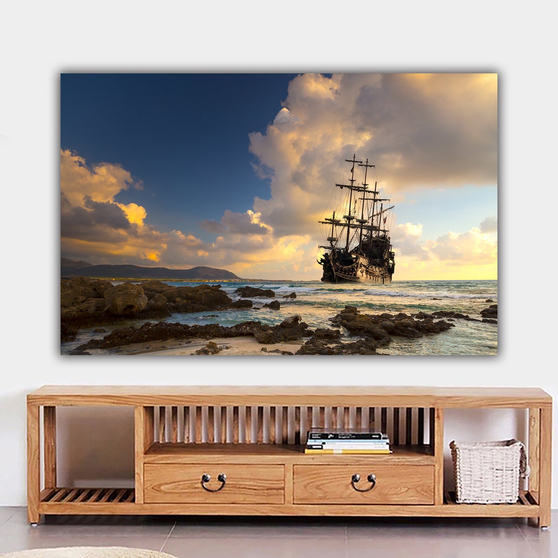 Pirate Ship Anchored Rocky Shore Golden Sunset Seascape Art Poster