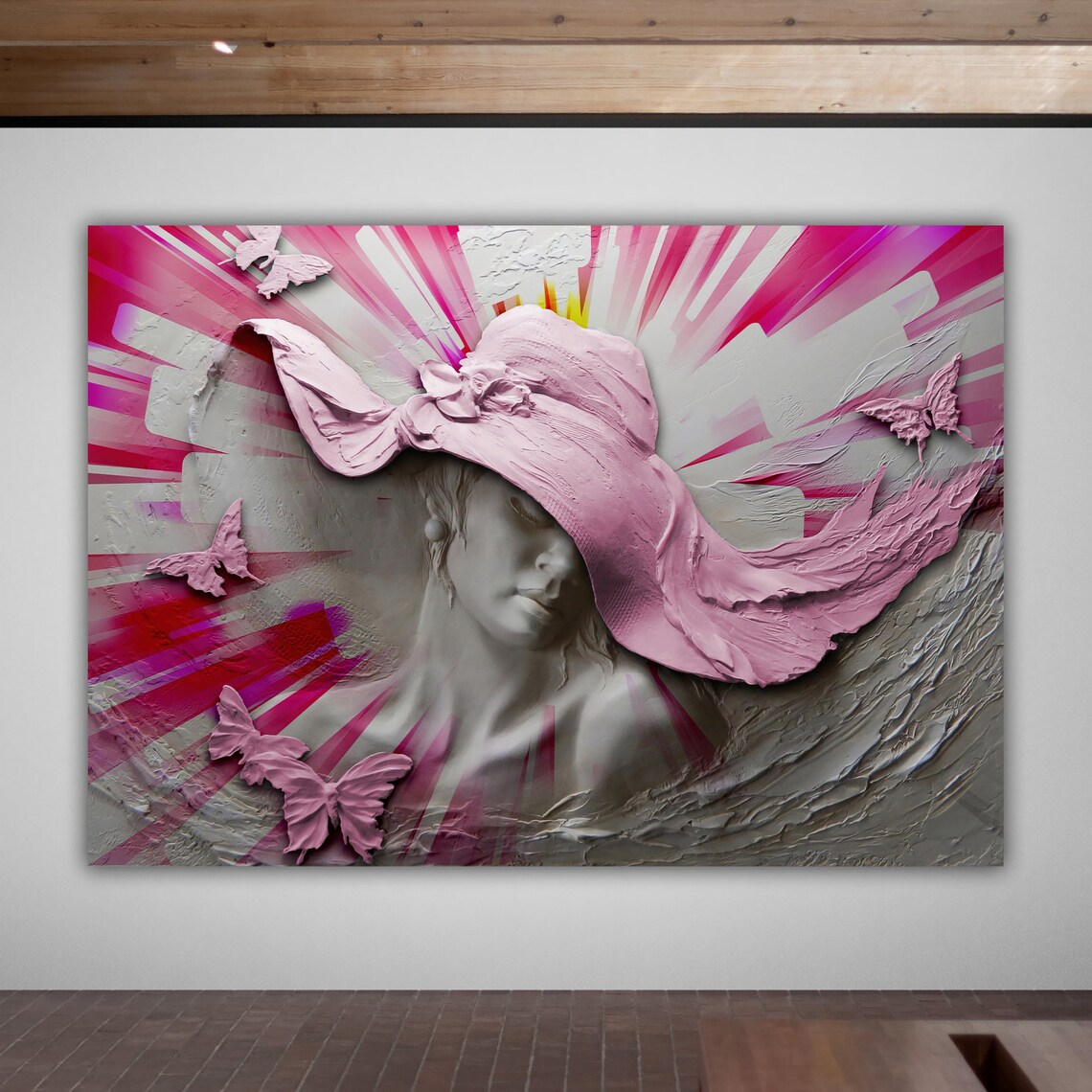 Woman In Pink Hat With Butterflies 3D Relief Sculpture Art Poster