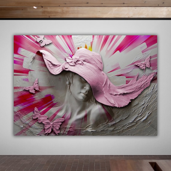 Woman In Pink Hat With Butterflies 3D Relief Sculpture Art Poster