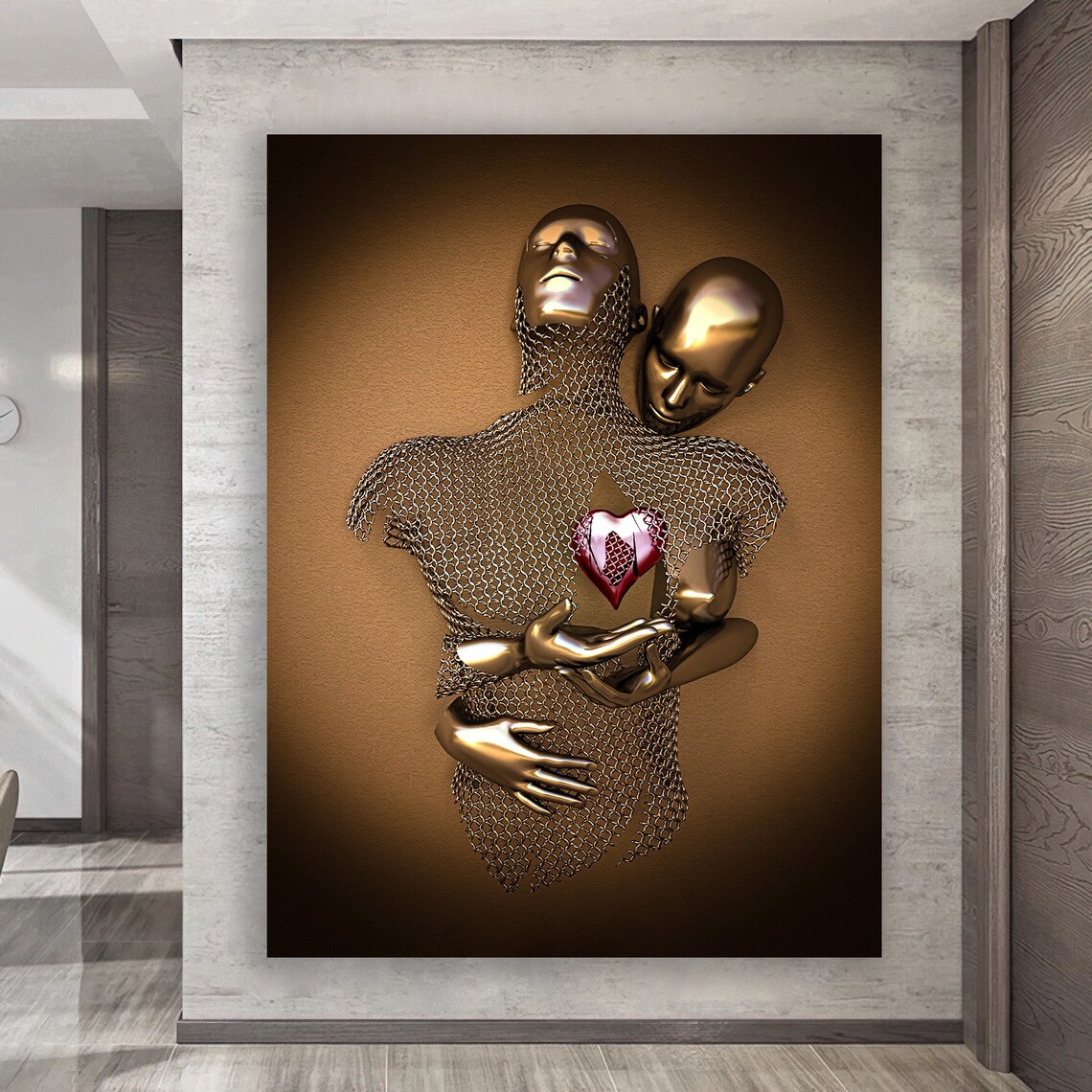 Bronze Metal Couple Embracing Red Heart 3D Love Sculpture Poster