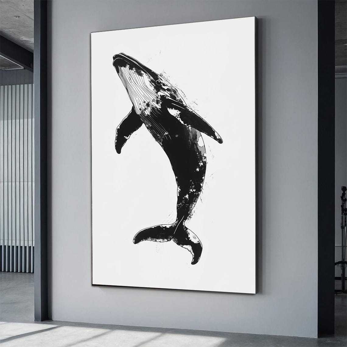 Humpback Whale Diving Minimalist Ink Style Black White Ocean Poster