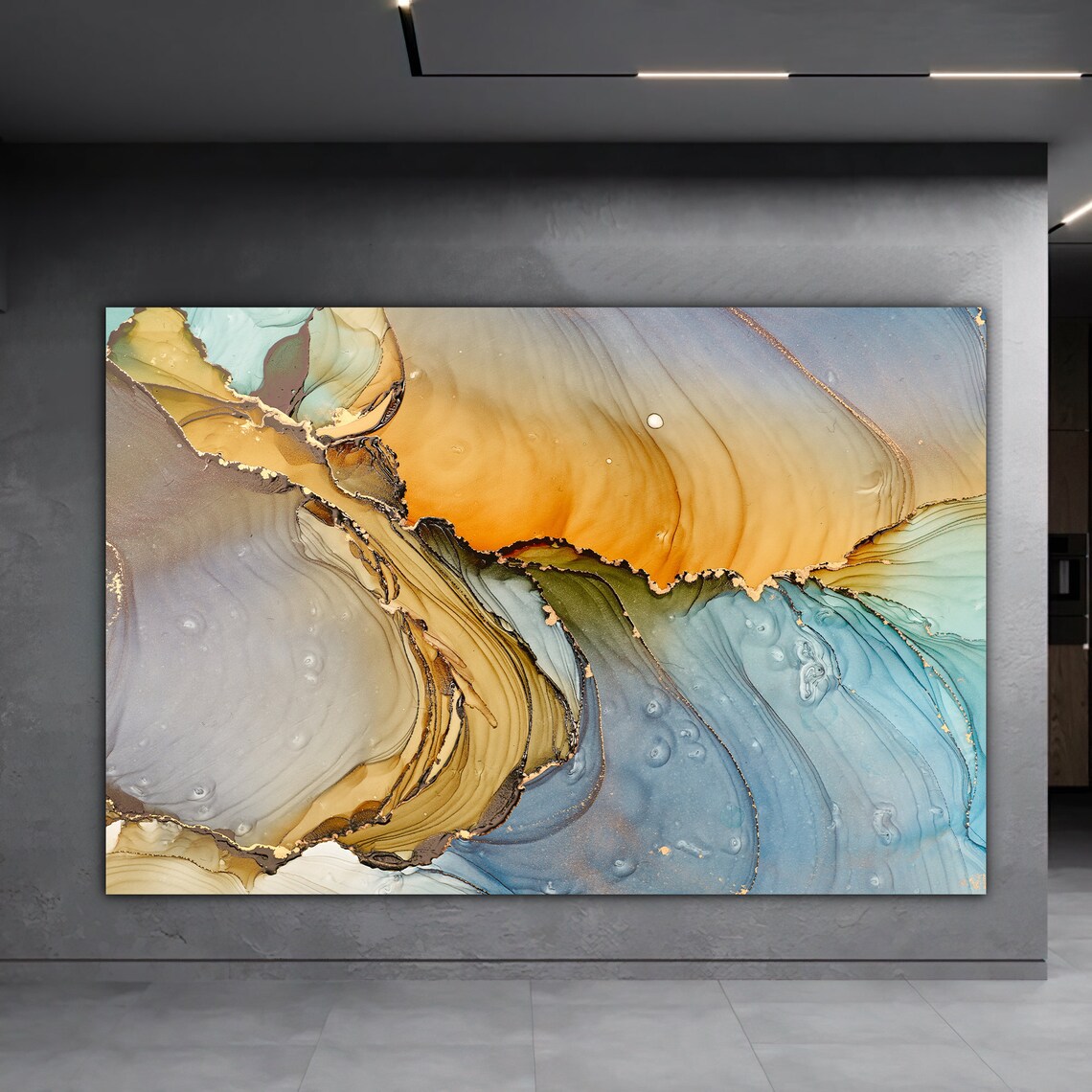 Orange And Blue Marble Decor Modern Artwork Marble Wall Art Gold And Blue Print Luxury Wall Decor Abstract