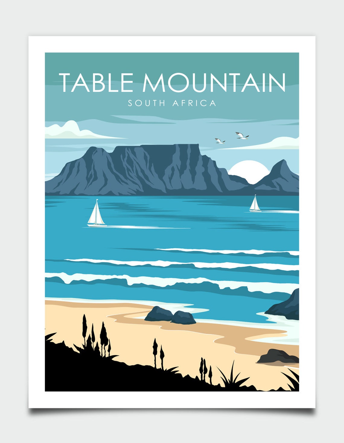 Table Mountain South Africa Cape Town Beach Sailboats Travel Poster - Image 4
