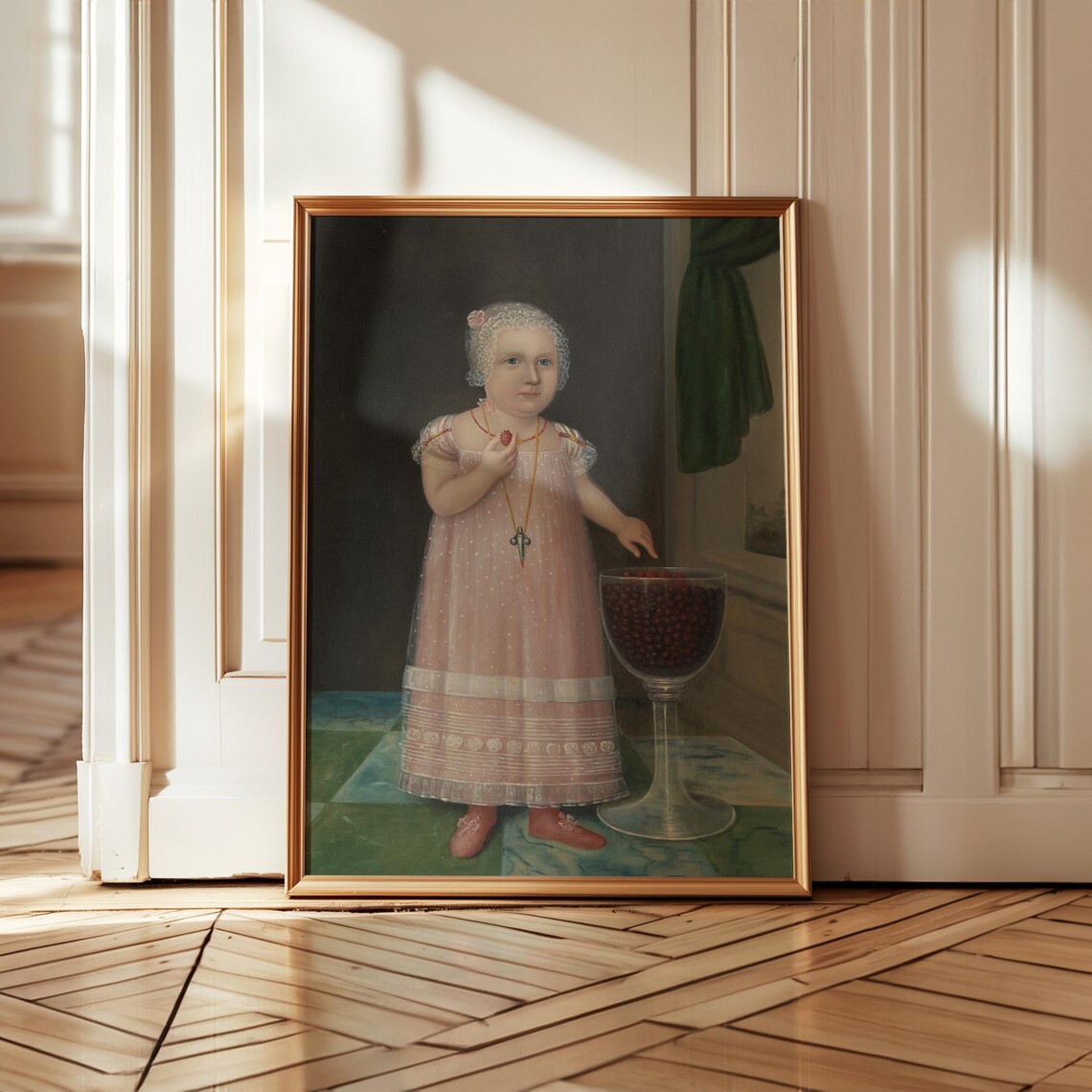 Naive Portrait Of Child With Strawberries, Art Print