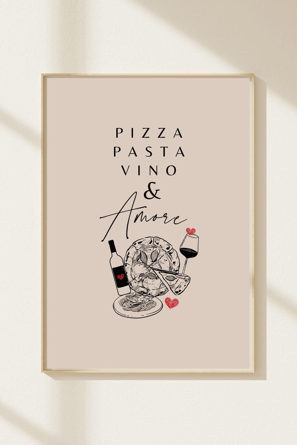 Pizza Pasta Vino Amore Italian Kitchen Food Illustration Poster