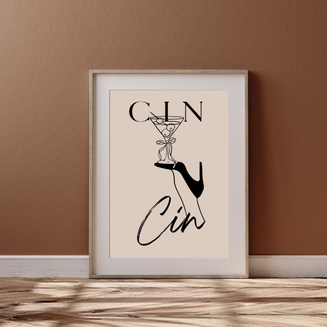 Cin Cin Martini Glass Stiletto Heel Beige Cocktail Bar Art Poster