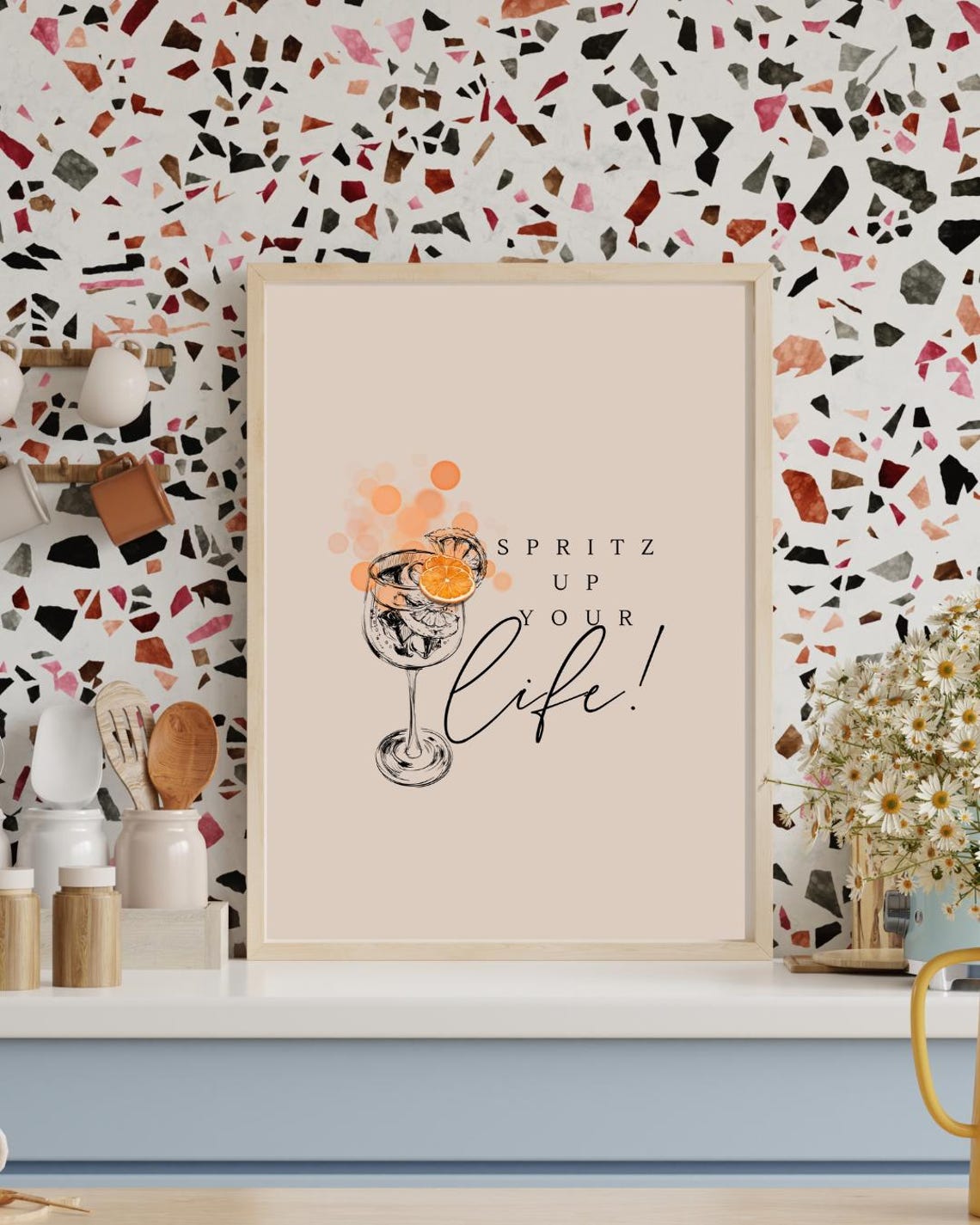 Spritz Up Your Life Aperol Cocktail Glass Beige Bar Art Poster - Image 2